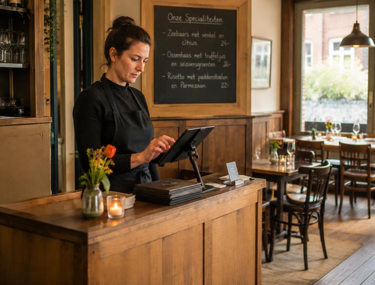 Restauranteigenaar beheert reserveringen op een tablet