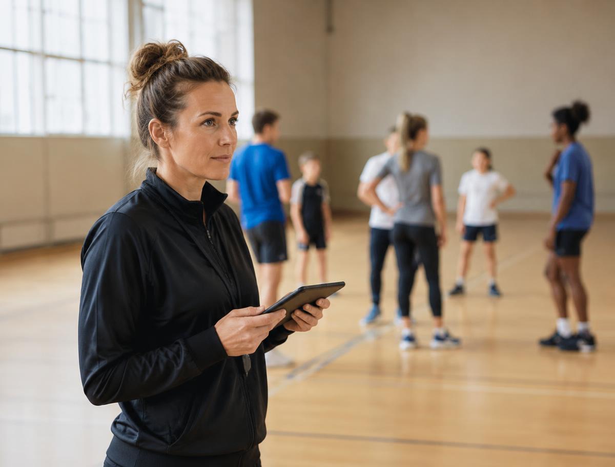 Trainer met een tablet bij een groepstraining in een sporthal
